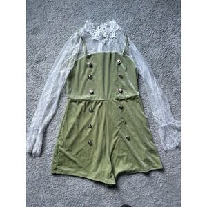 Sage Green Velvet Romper‎ White Lace Overlay Gold Button Long Sleeve M 6